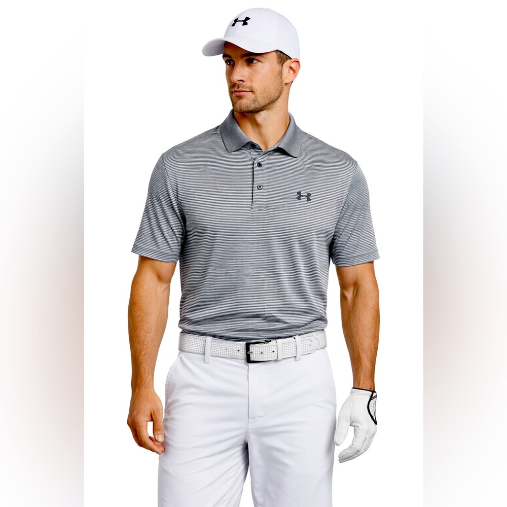 Under Armour HeatGear Polo Shirt Men Large Gray Striped Golf Athletic